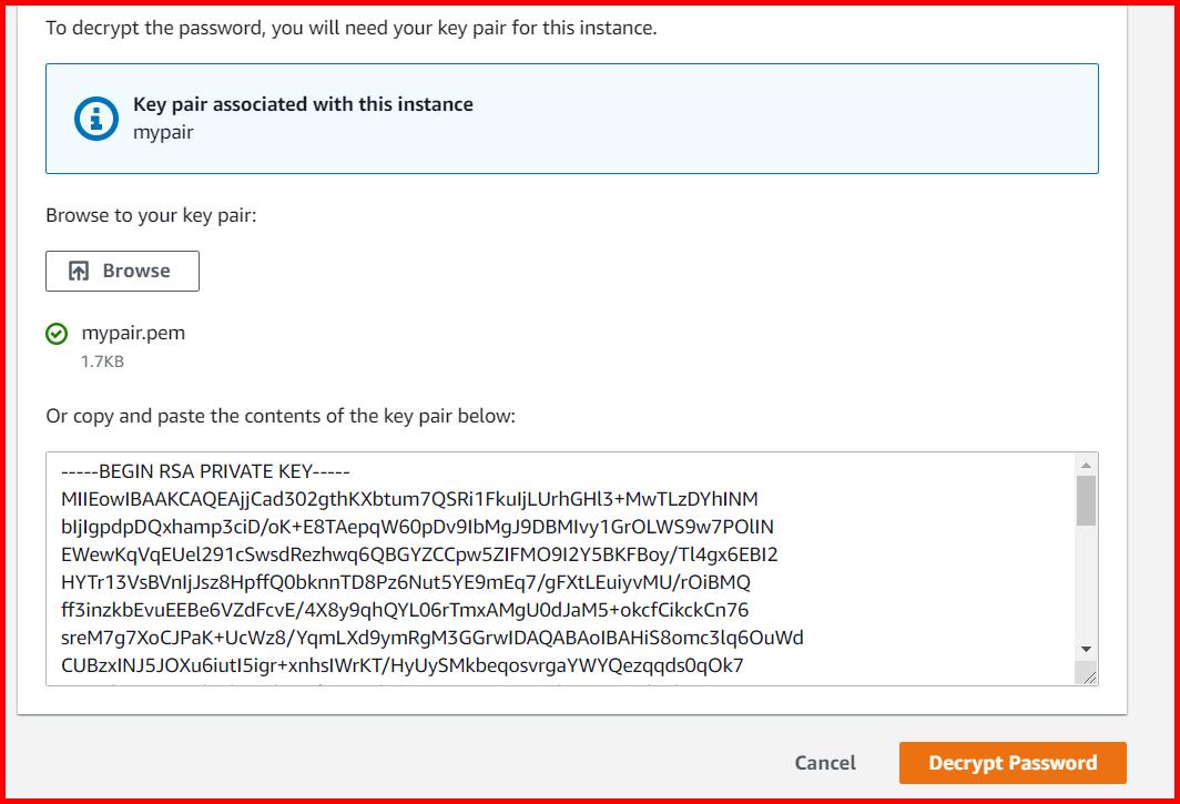 Picture showing the decrypt password button for getting the password from key pair file